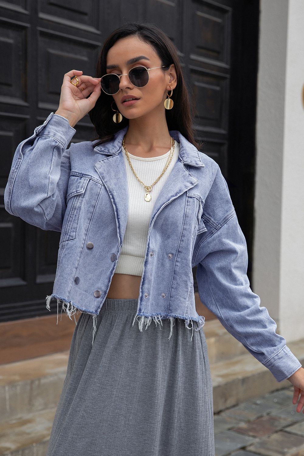 Lapel Collar Long Sleeve Denim Jacket - Earth Angel Lifestyle